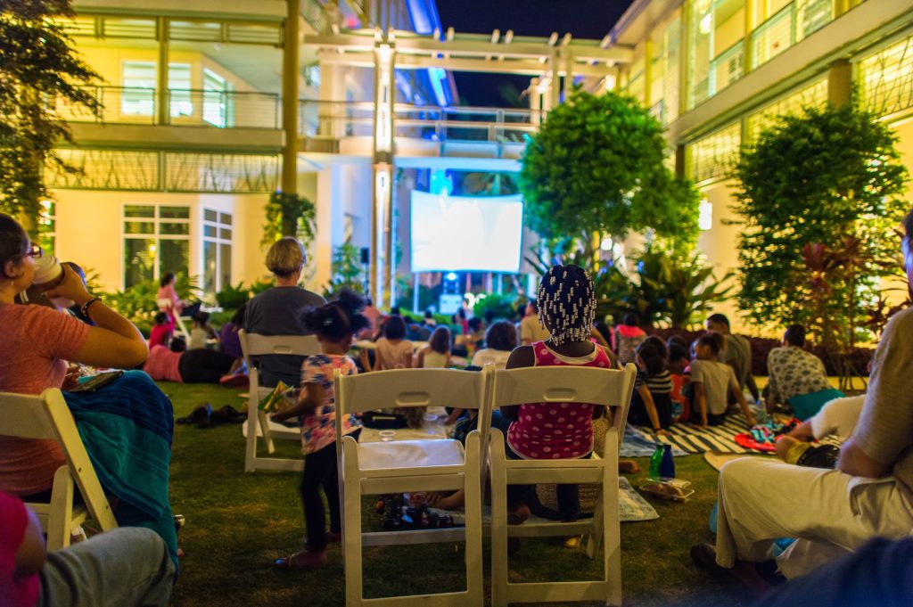 Everyone can enjoy sporty flicks shown on the outdoor big screen